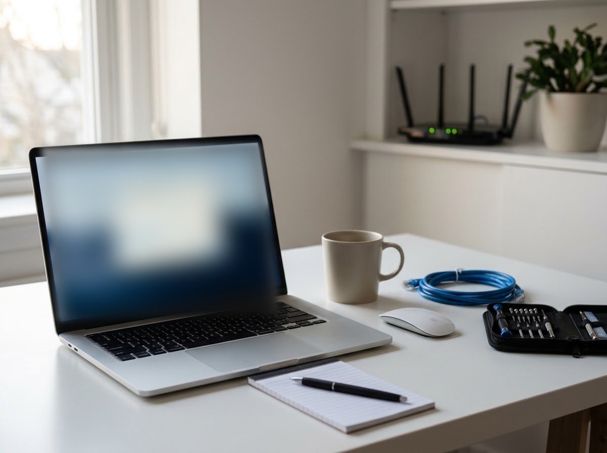 A tidy office desk with a laptop, notepad, coffee mug, network cable and a small tool kit, with a router on the shelf behind